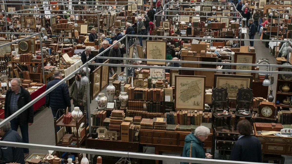 Una col·lecció d'objectes antics i de col·leccionisme, com monedes, mobles i vinils, exposats en una fira.
