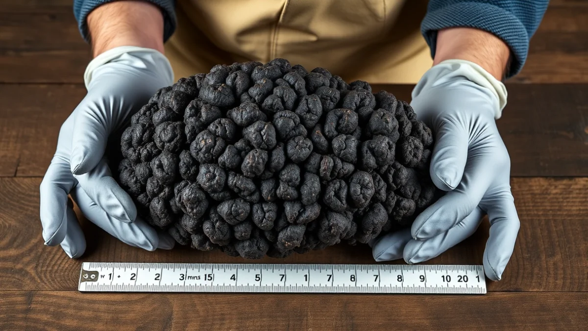 Una tòfona negra de grans dimensions sobre una superfície de fusta, amb eines de recol·lecció al fons.