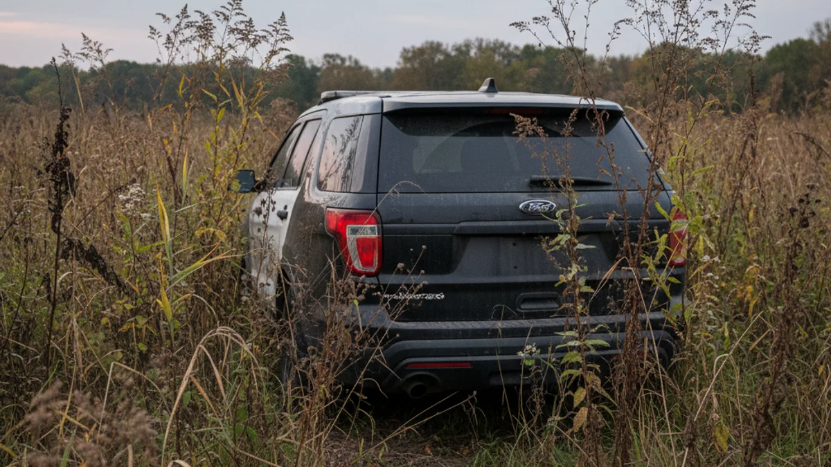 Imatge genèrica d'un vehicle recuperat en una zona de matolls o bosc, amb presència policial al fons.