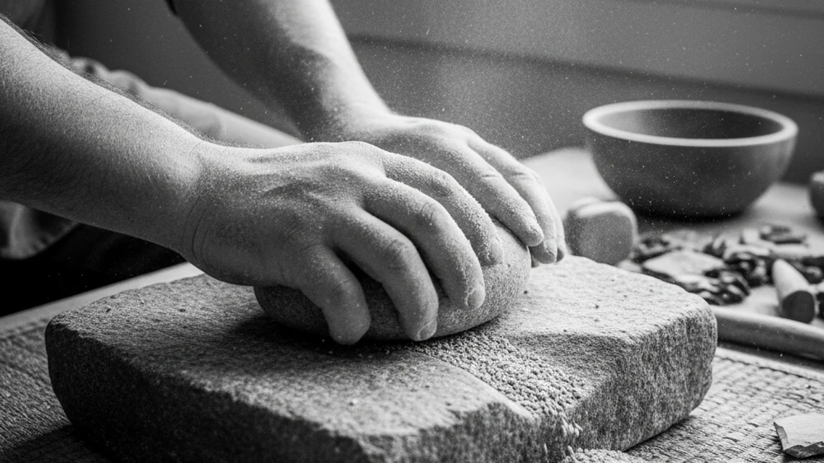 Recreació d'un taller d'arqueologia experimental on es mol cereal amb eines de pedra prehistòriques.