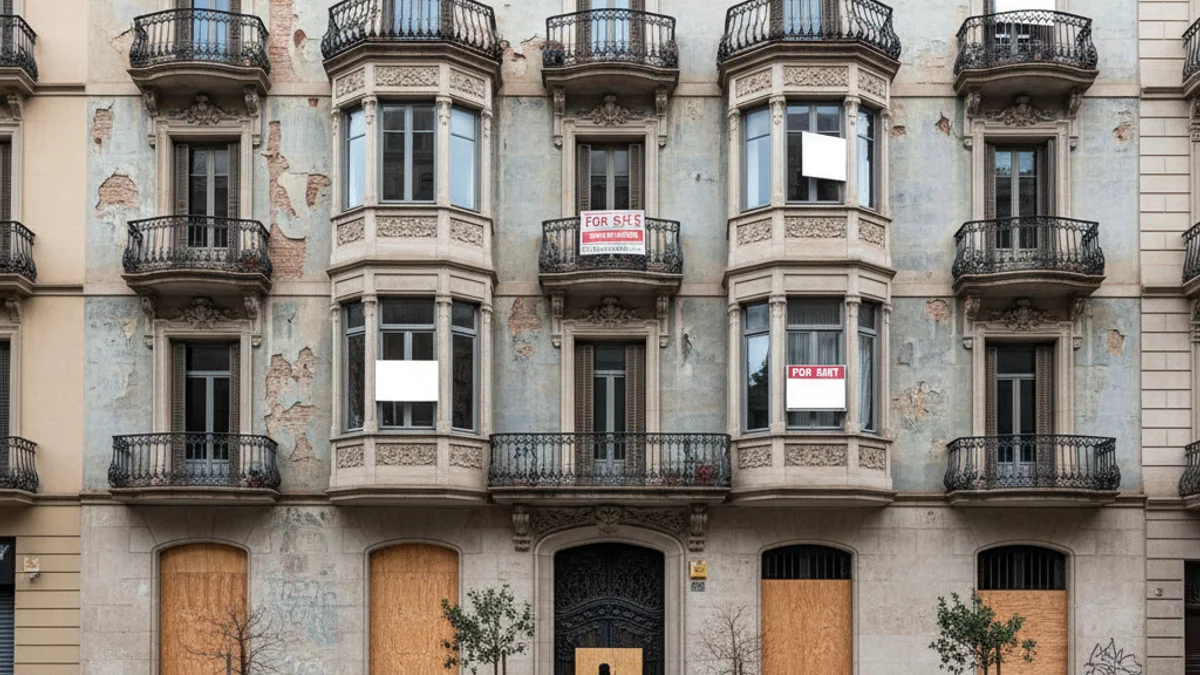 Fachada de un edificio histórico en el Eixample de Barcelona, con ventanas que muestran algunos pisos vacíos.