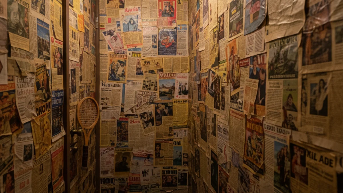 Imatges d'un lavabo decorat amb retalls de premsa i portades de revistes antigues.