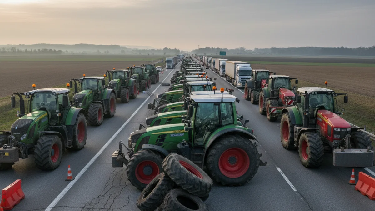 Imatge genèrica d'una protesta agrícola amb tractors bloquejant una autopista principal.