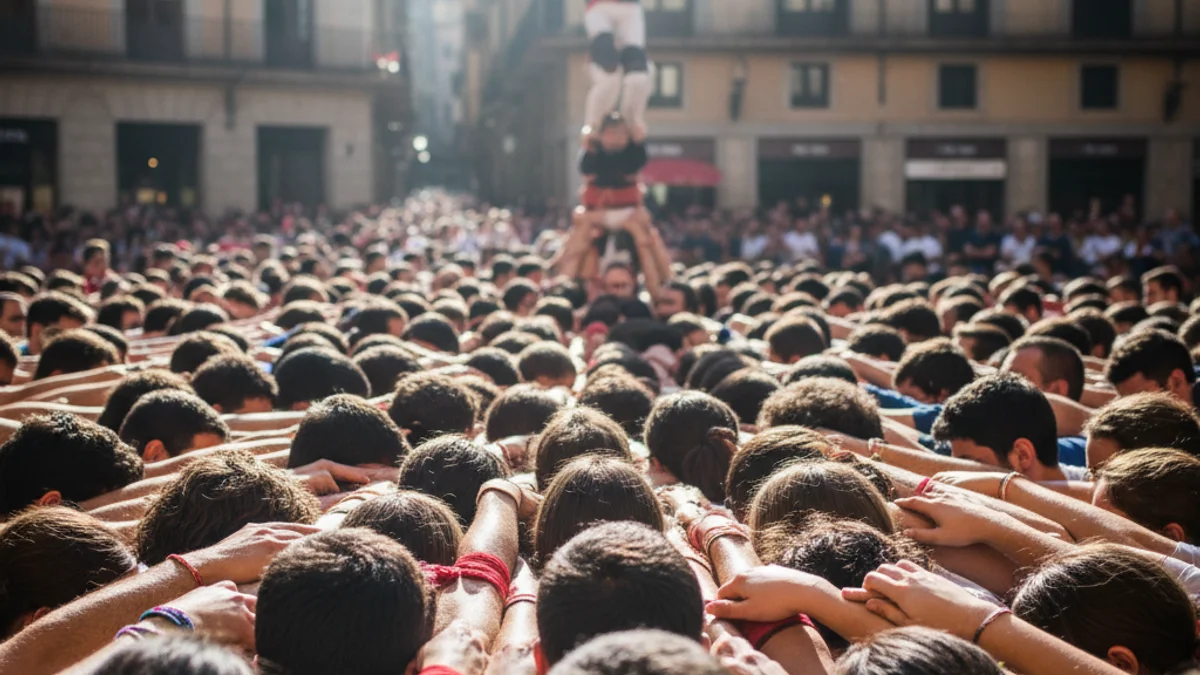 Imatge genèrica d'una pinya castellera en una plaça urbana sota el sol, sense cares reconeixibles.