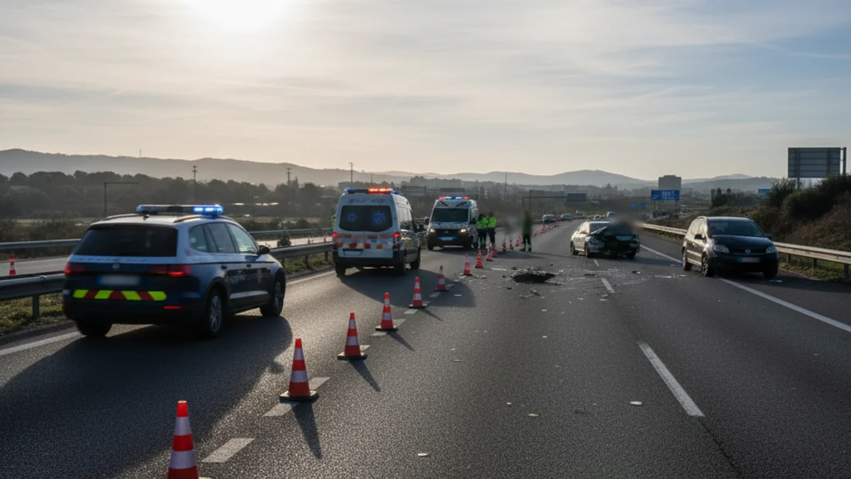 Imatge genèrica d'un accident de trànsit amb presència de vehicles d'emergència i retencions en una carretera.
