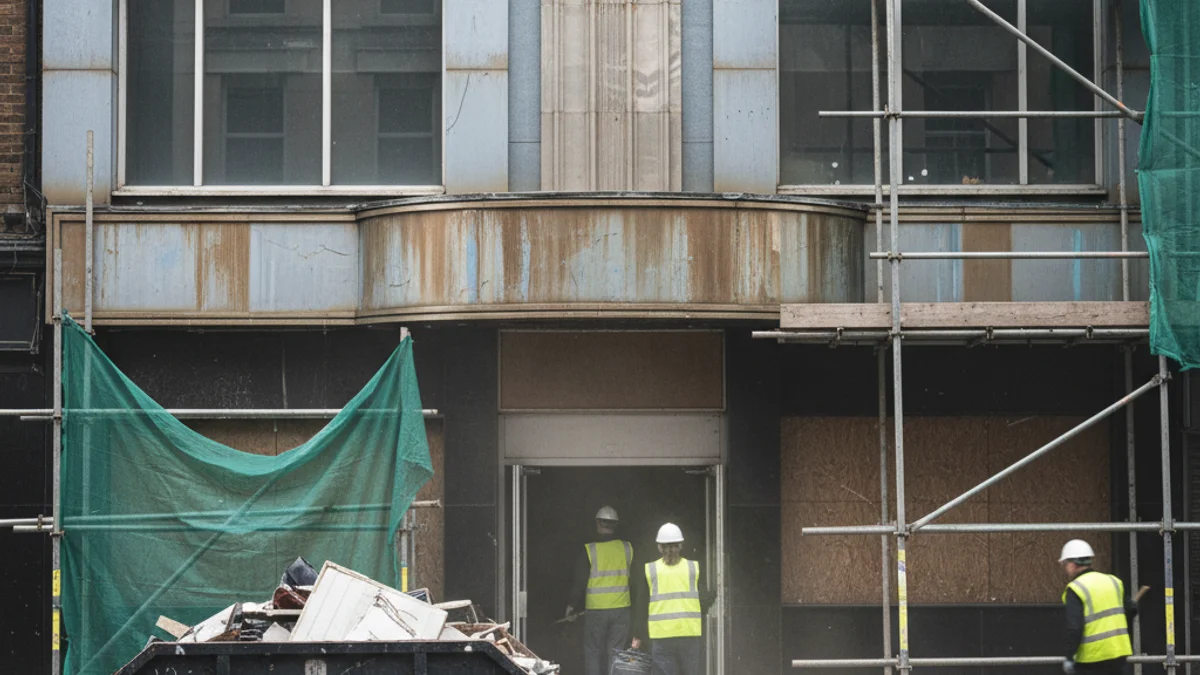 Imatge d'una façana d'una antiga discoteca en procés de renovació amb tanques de seguretat.