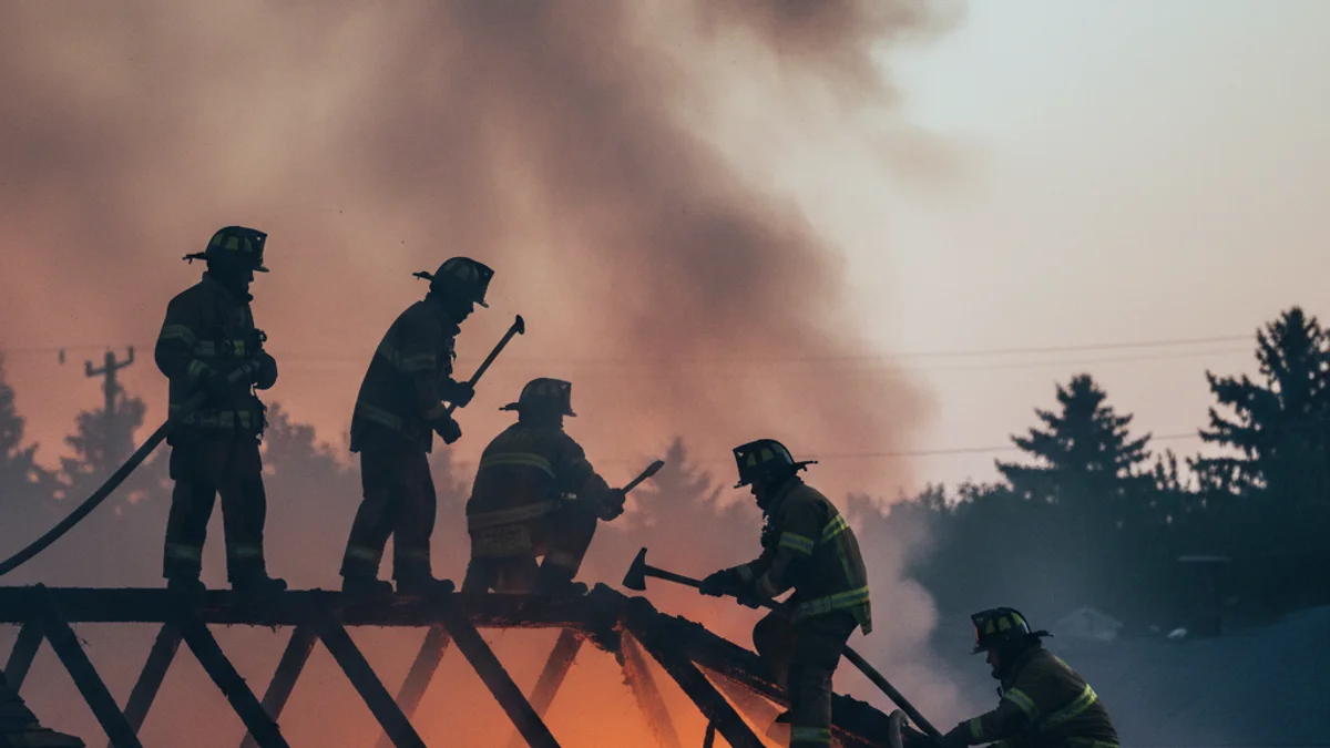 Imatge genèrica d'una casa amb fum o d'un equip d'emergències treballant en una teulada.