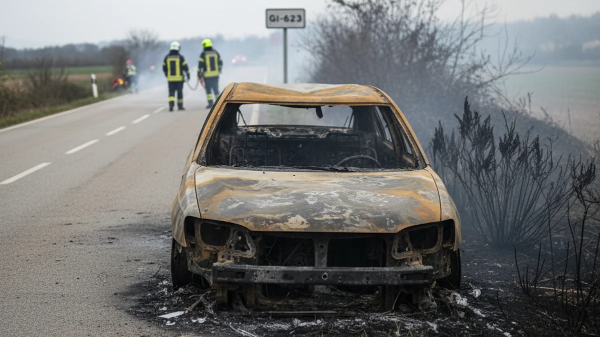 Imatge genèrica d'un vehicle cremat al costat d'una carretera rural amb vegetació afectada.