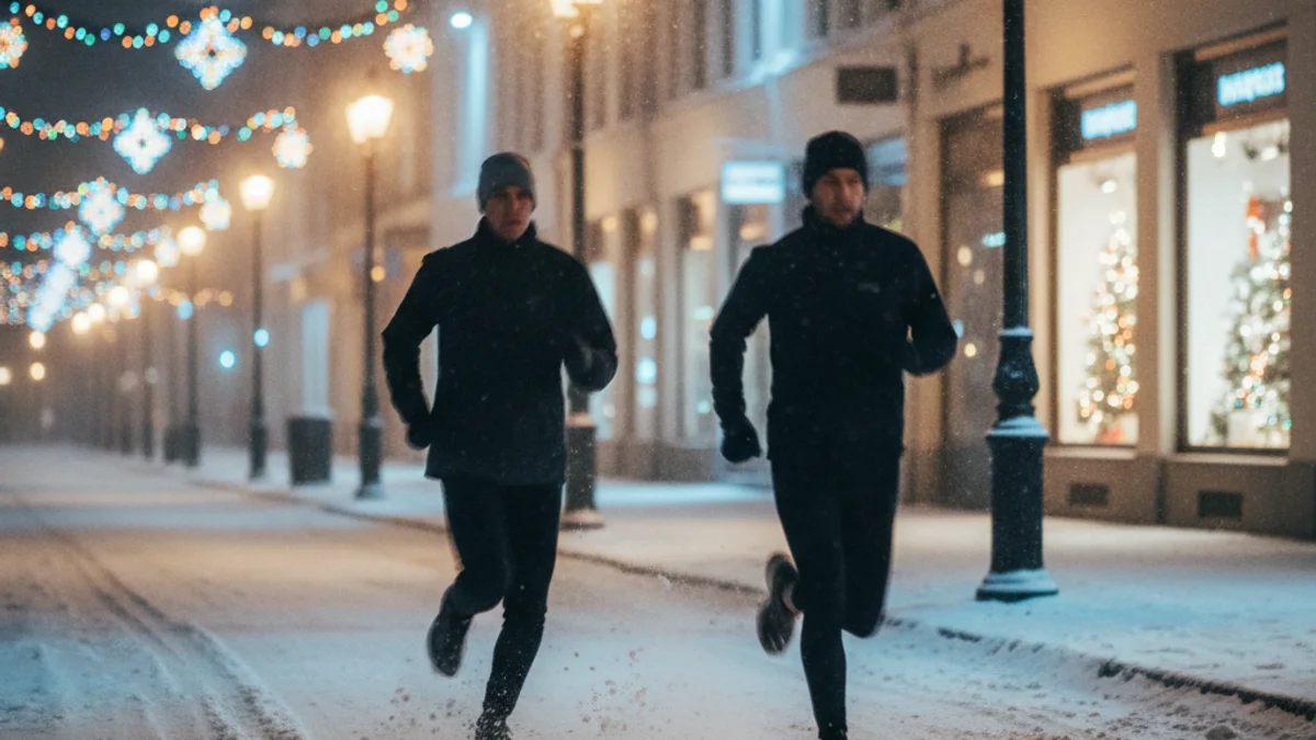 Siluetes de persones corrent per un carrer nevat de nit, amb llums de festa al fons.