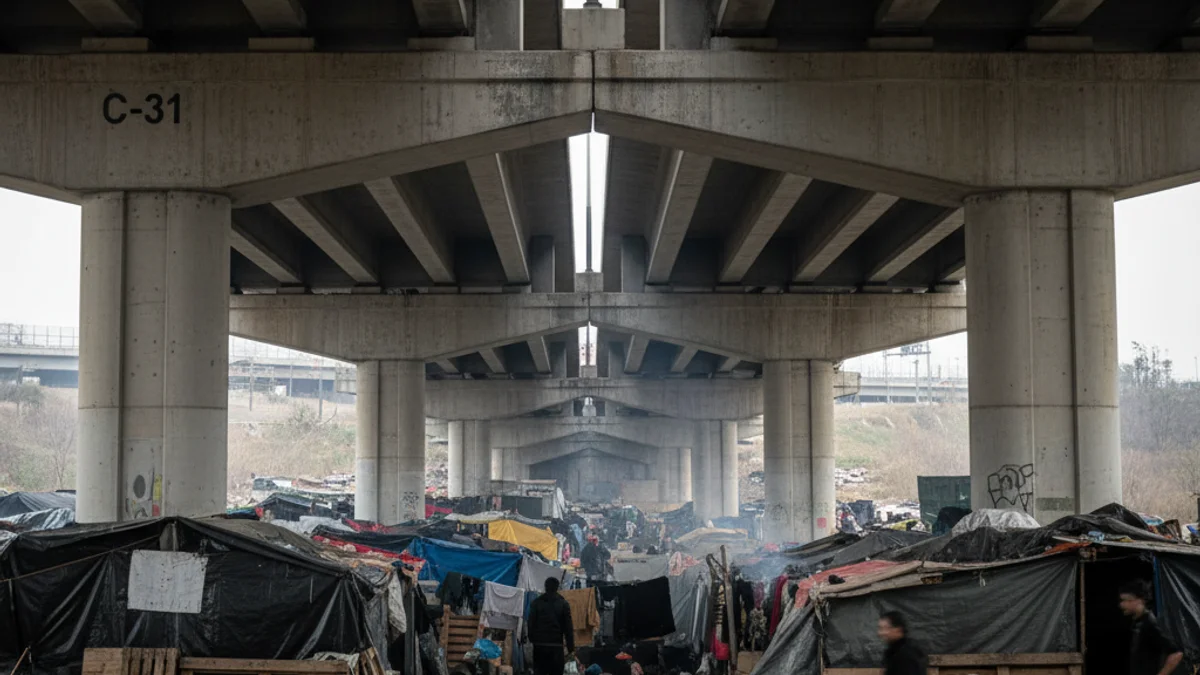 Vista d'un assentament improvisat sota l'estructura d'un pont d'una autopista, amb figures borroses de persones al fons.