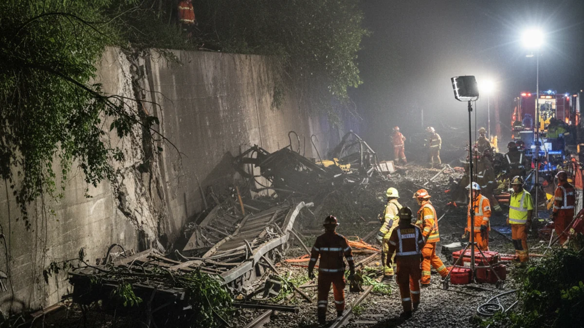 Imatge genèrica d'un accident ferroviari amb presència d'equips d'emergència i bombers treballant a la nit.