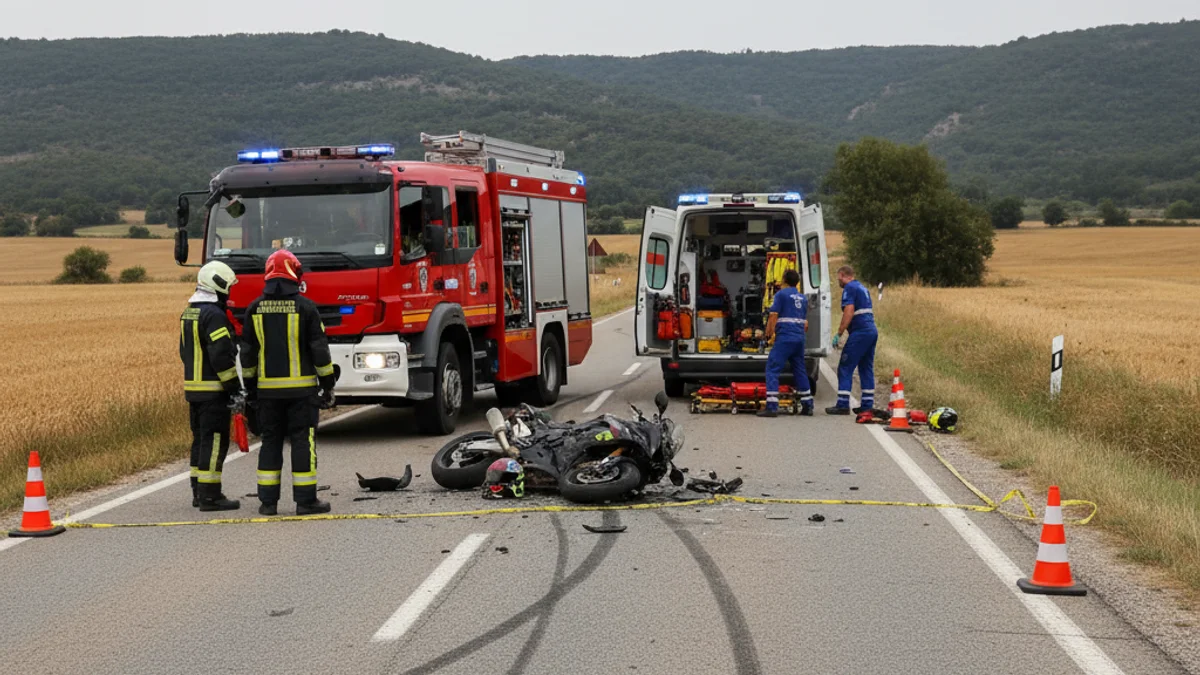 Imatge genèrica d'una motocicleta accidentada a la vora d'una carretera, amb vehicles d'emergència al fons.