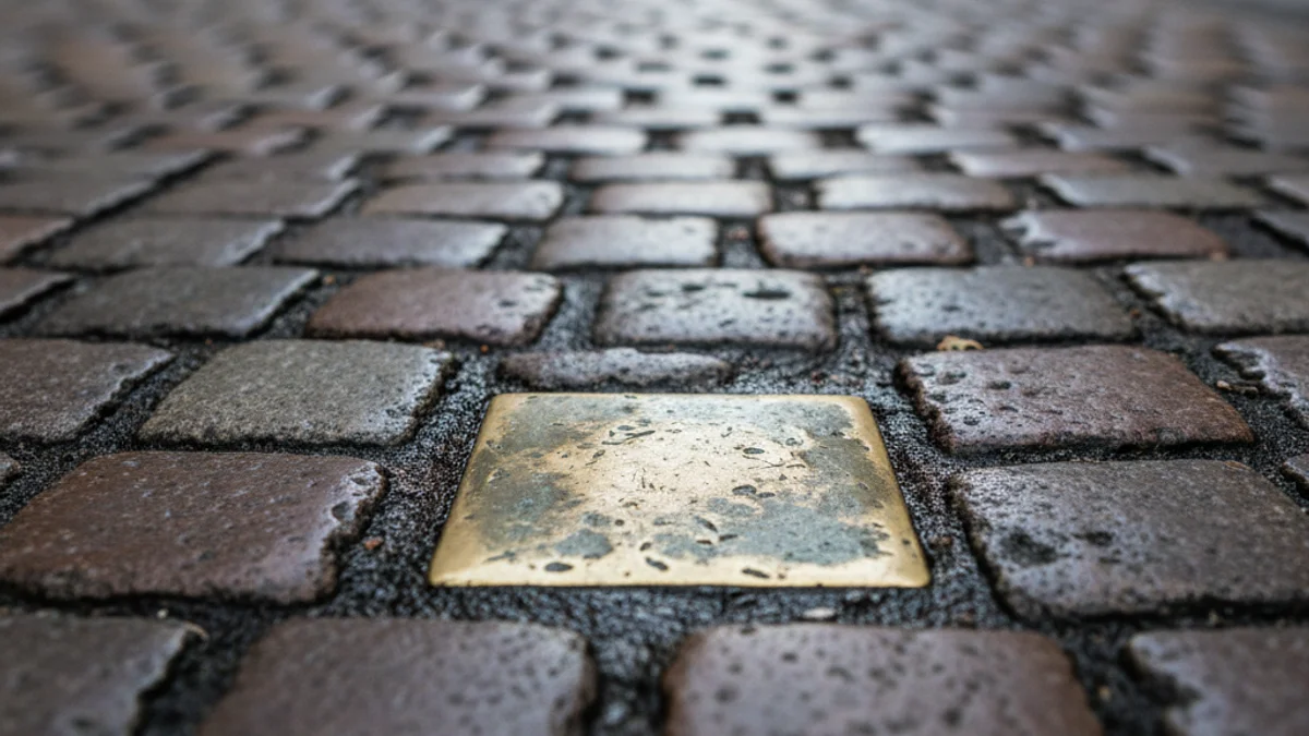 Primer pla d'una placa Stolpersteine de llautó incrustada en un carrer empedrat, símbol de la memòria històrica.