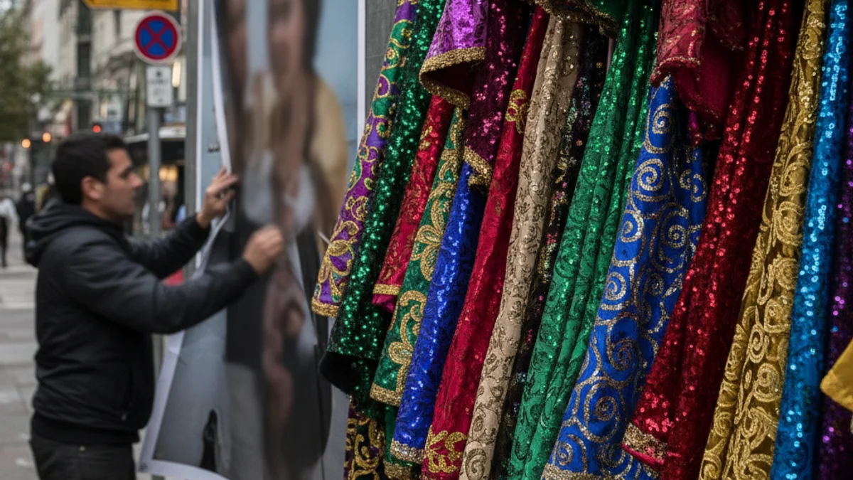 Imatge conceptual d'un cartell promocional satíric esquinçat o retirat, amb teles de disfresses de colors al fons.