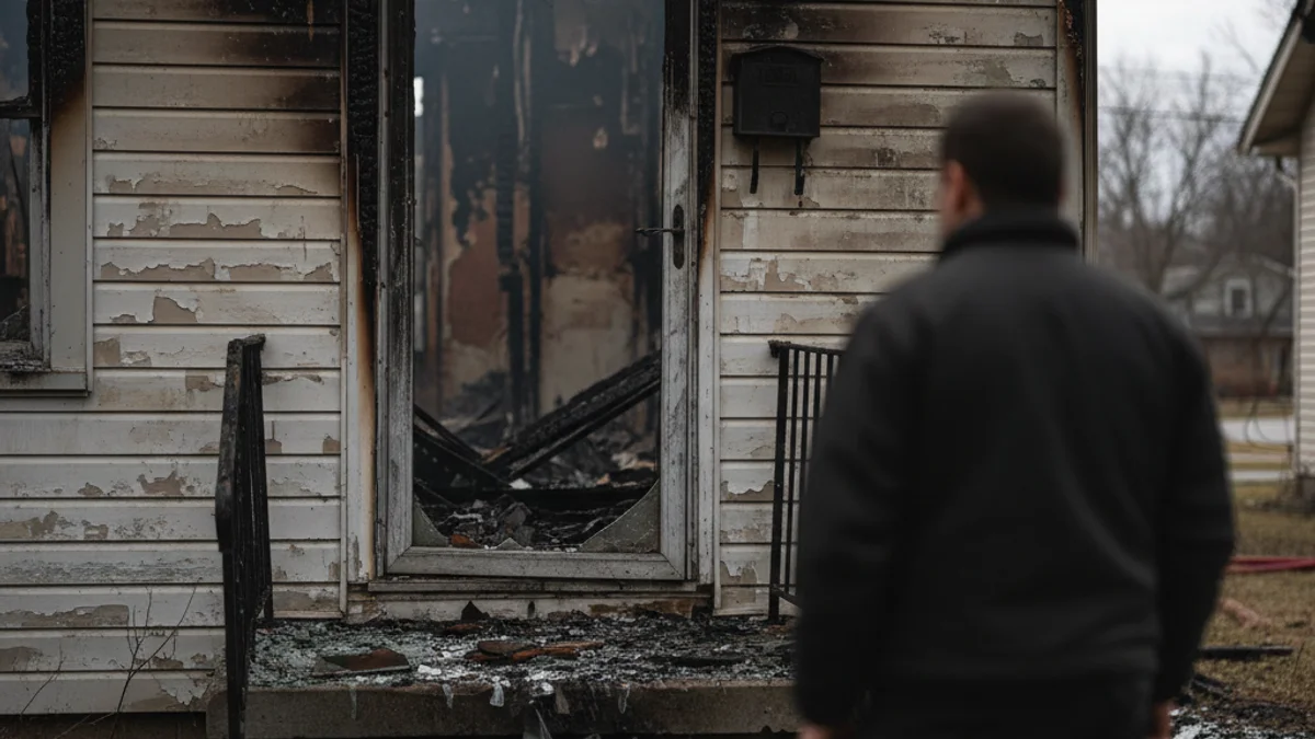 Imatge genèrica de l'exterior d'una casa afectada per un incendi amb rastres de fum i presència de serveis d'emergència.