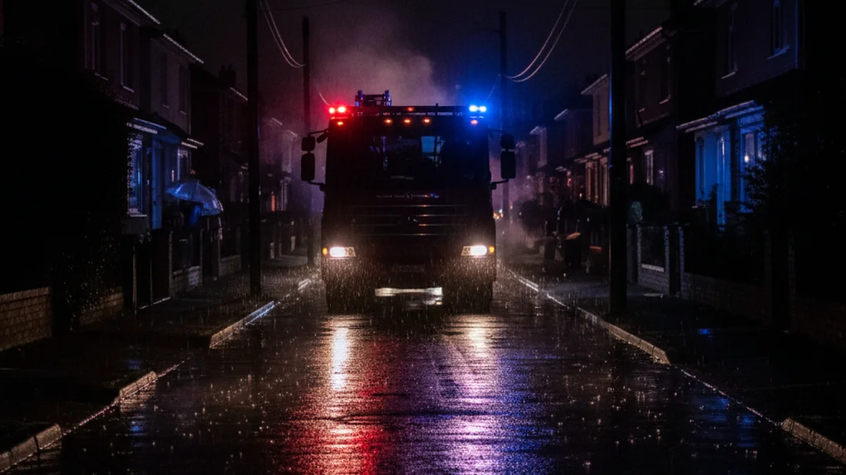 Imatge genèrica d'un vehicle de bombers treballant de nit en una zona residencial.