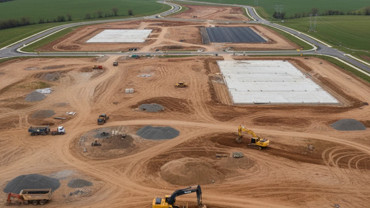 Vista aèria d'una gran parcel·la de sòl industrial en desenvolupament, amb maquinària de construcció preparant el terreny per a naus logístiques.