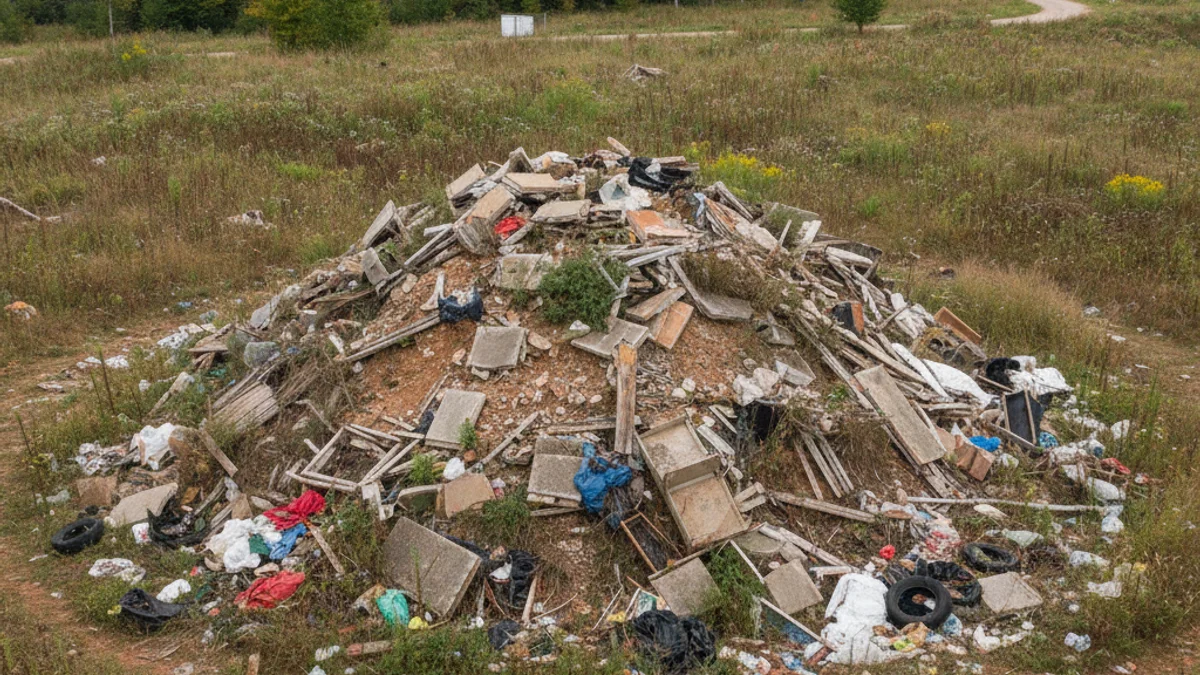 Muntanya de deixalles i runes coberta parcialment per vegetació en un terreny rural protegit.
