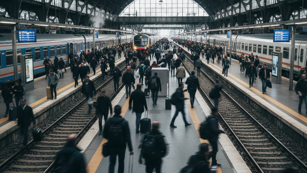 Passatgers esperant o corrent entre vies en una estació de tren, símbol del caos a Rodalies.