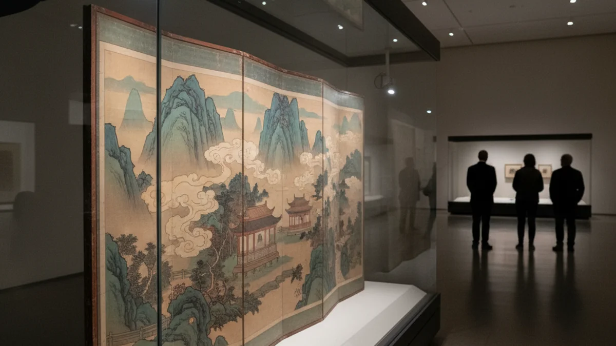 Representació d'una obra d'art oriental, com un biombo, exposada en una sala de museu amb llum suau.
