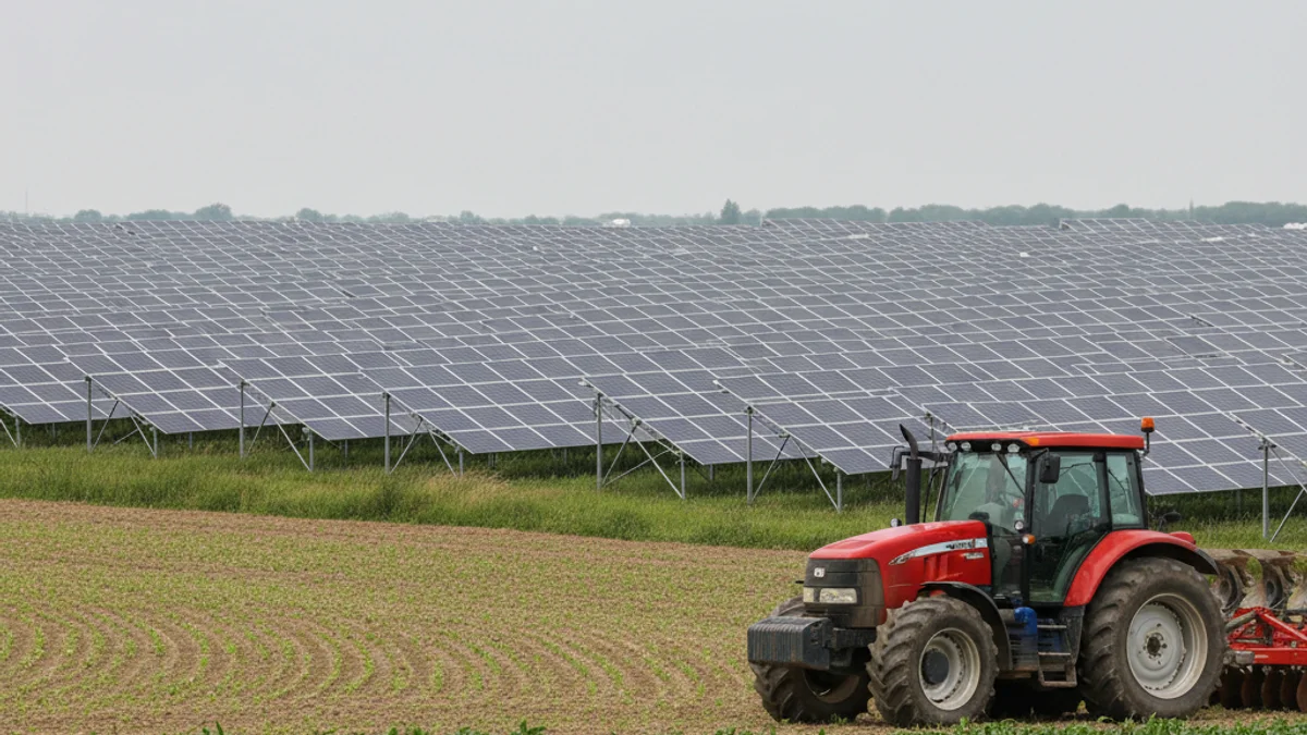 Panells solars instal·lats en un terreny agrícola, simbolitzant el conflicte entre energies renovables i ús del sòl.