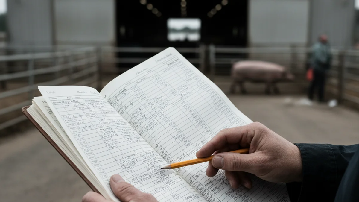 Representació genèrica de l'impacte econòmic en el sector ramader amb documents financers i un fons borrós d'una granja.