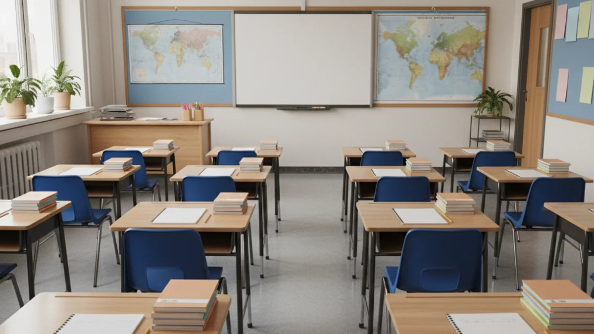 Una aula o un passadís escolar buit, simbolitzant la preparació del curs o la manca de temps per als docents.