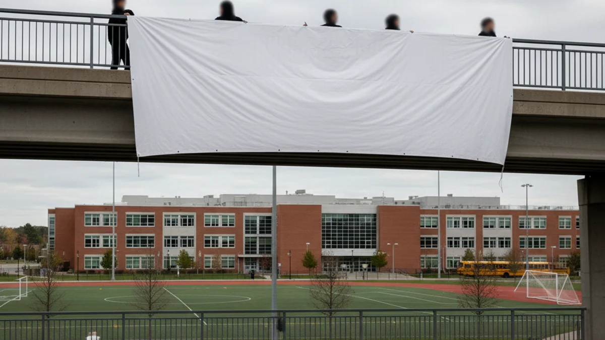 Pancarta d'un sindicat de docents penjada en una passarel·la prop d'un centre educatiu.