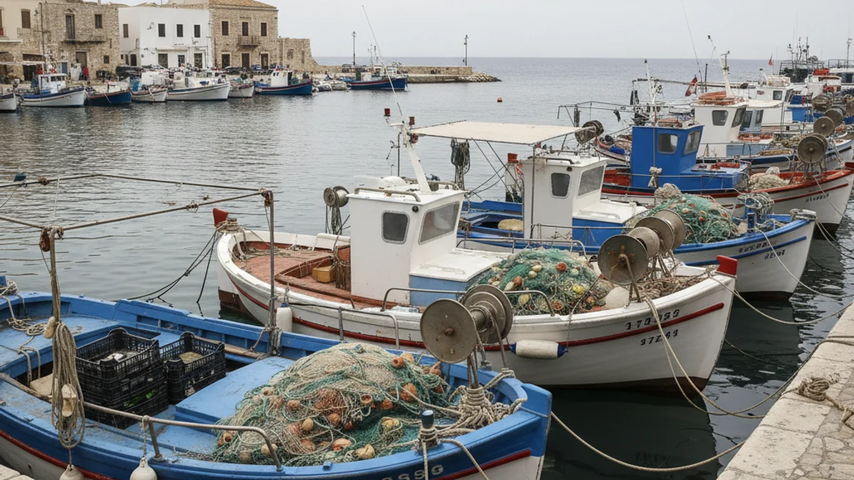 Embarcacions de pesca amarrades al port durant una jornada de vaga, amb xarxes apilades a la coberta.