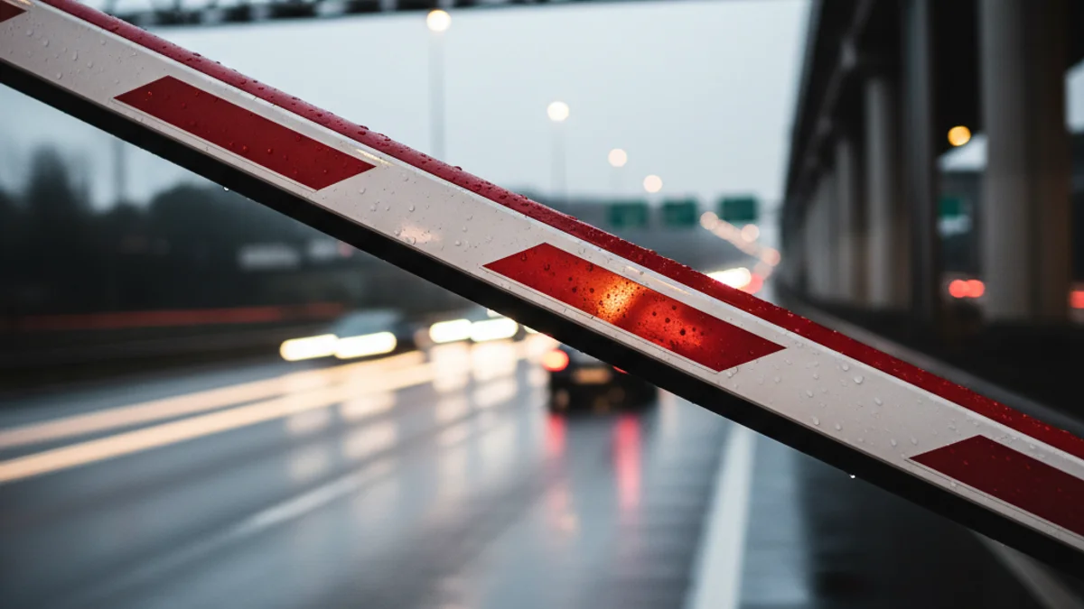Imatge genèrica d'una barrera de peatge d'autopista amb vehicles aturats, simbolitzant la congestió i el cost.