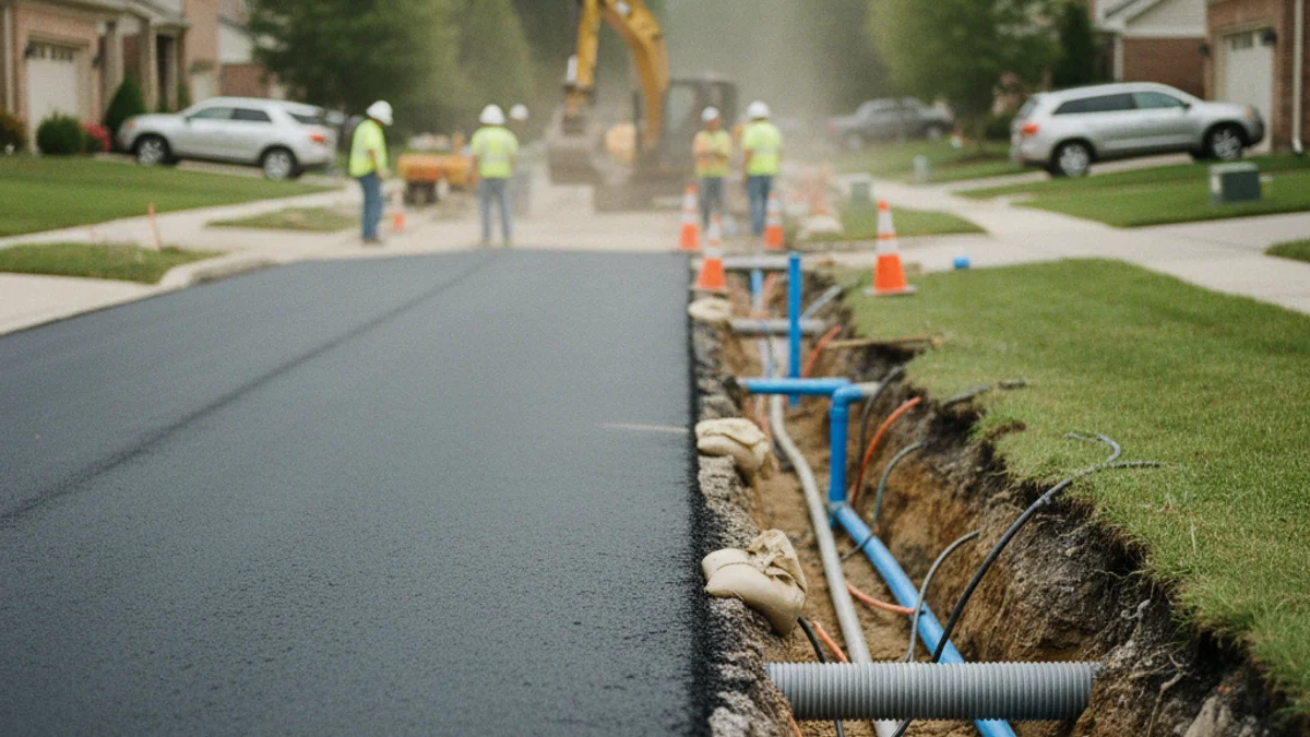 Imatge genèrica d'obres de millora urbana, mostrant una vorera renovada i canonades d'aigua.