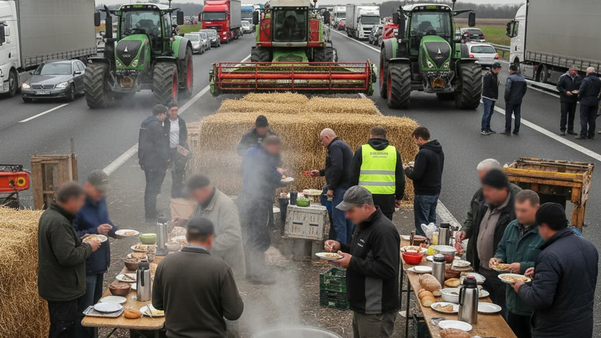 Vista general d'una protesta agrícola en una autopista, amb bales de palla i gent reunida al voltant d'una cuina popular.