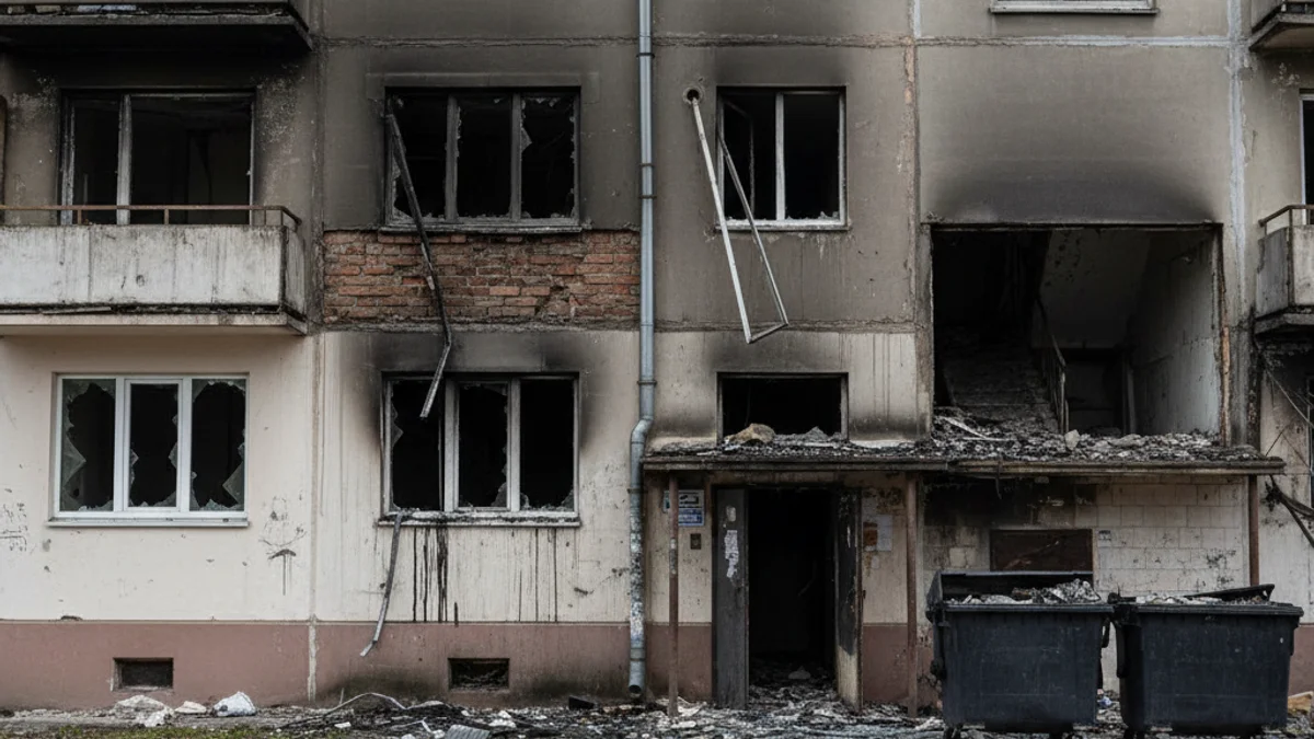 Facade of a building with fire and smoke damage on the ground floor, near where garbage containers were located.