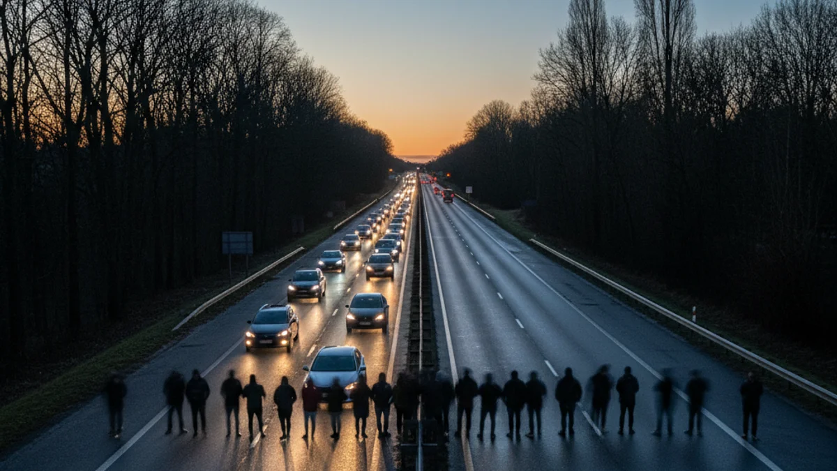 Siluetes de manifestants tallant una autopista de nit amb vehicles aturats al fons.