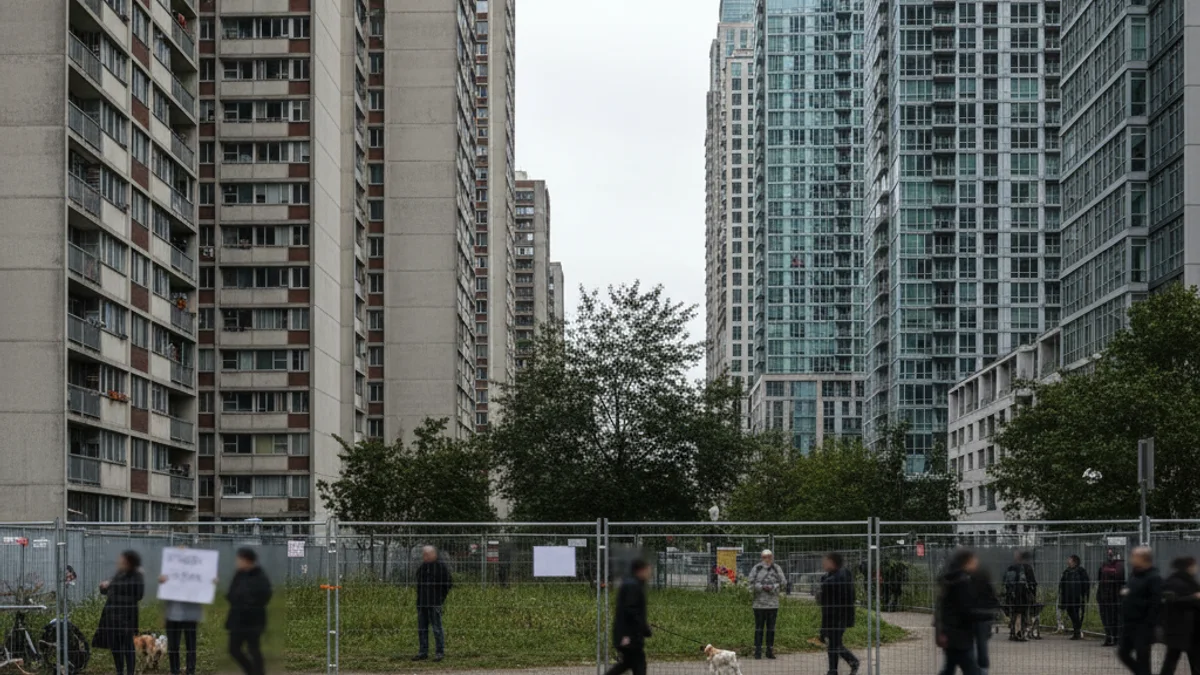 Vista aèria d'una zona urbana densa amb alguns espais verds i edificis residencials al fons.