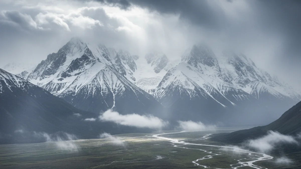 Imatge genèrica d'un paisatge de muntanya amb neu recent i núvols foscos que anuncien pluja i vent.