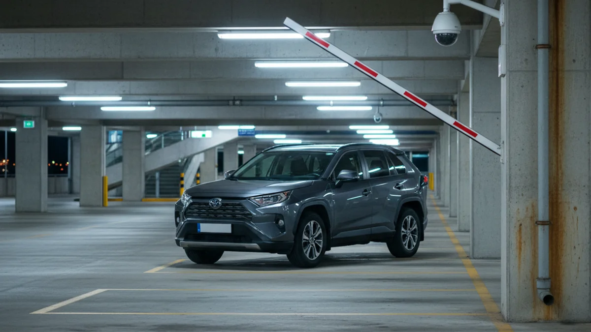 Imatge genèrica d'un cotxe SUV en un pàrquing d'aeroport, amb barreres i càmeres de seguretat.