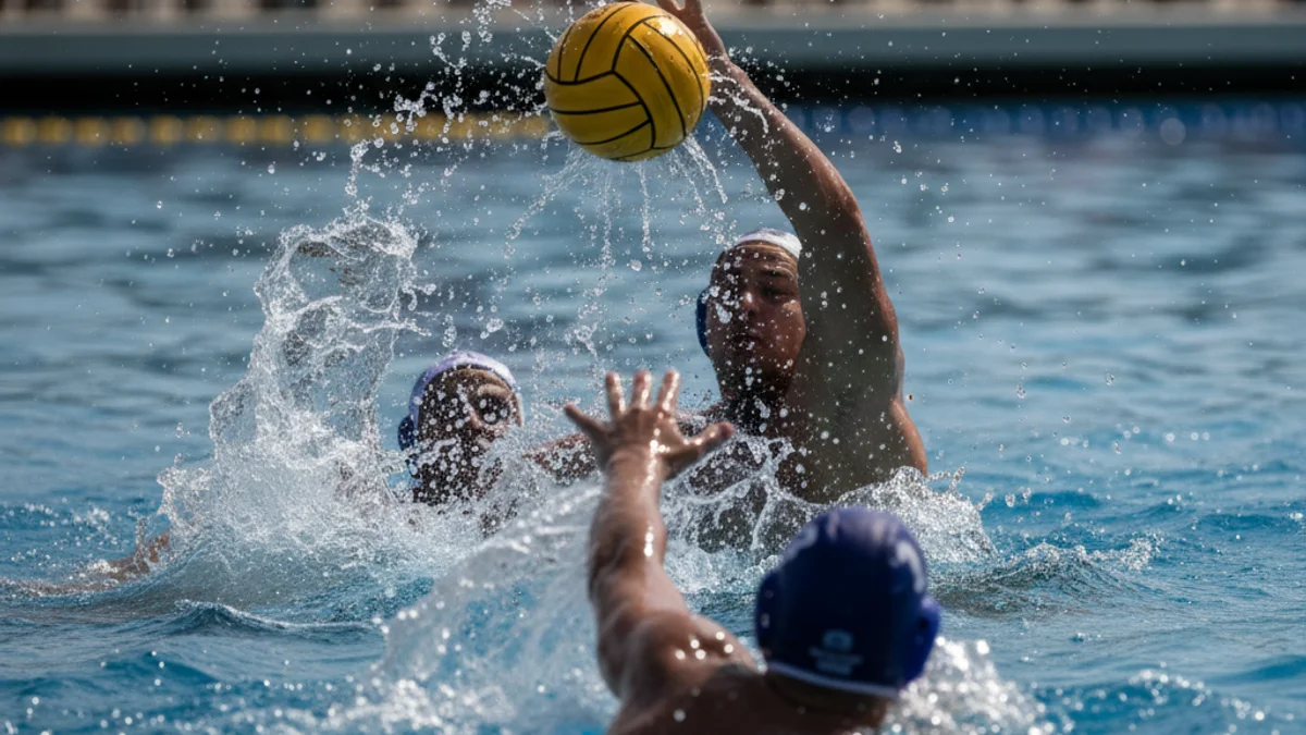 Imatge genèrica d'un partit de waterpolo, amb jugadors nedant a la piscina i la pilota a l'aire.