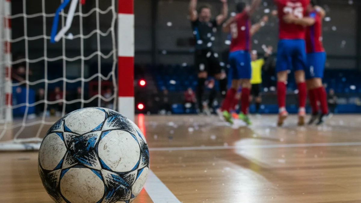 Imatge d'un partit de futbol sala intens amb jugadors celebrant un gol crucial en els últims segons del matx.