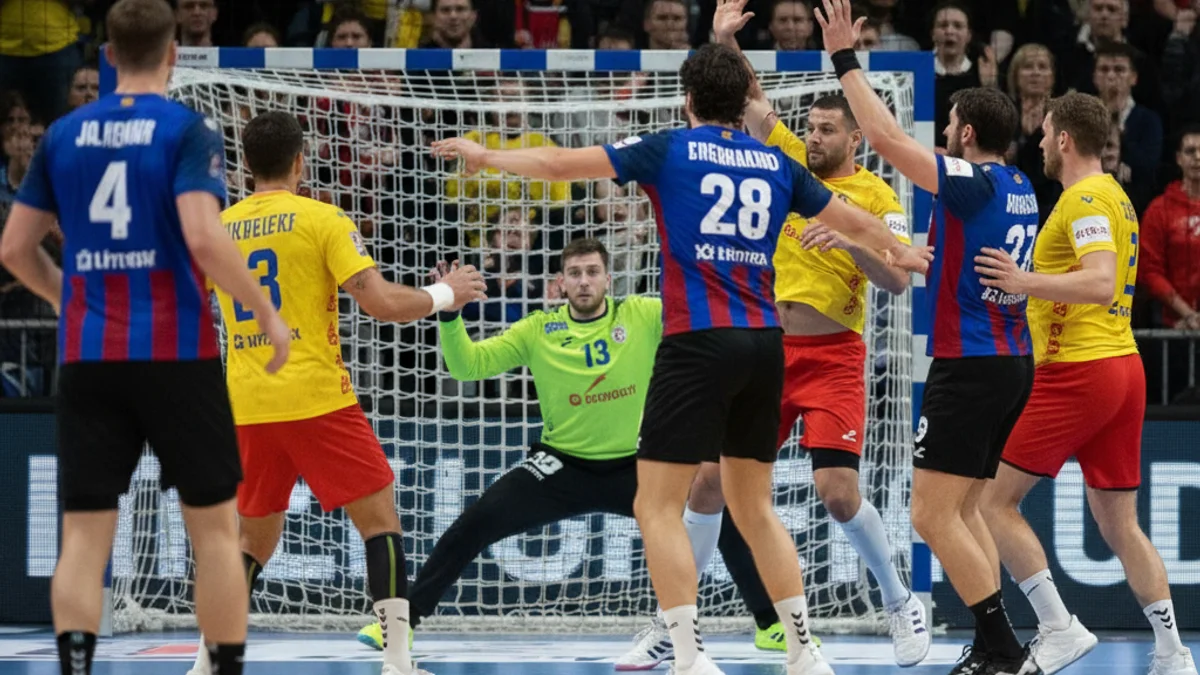 Imatge genèrica d'un partit d'handbol amb jugadores en acció i una pilota, sense rostres reconeixibles.