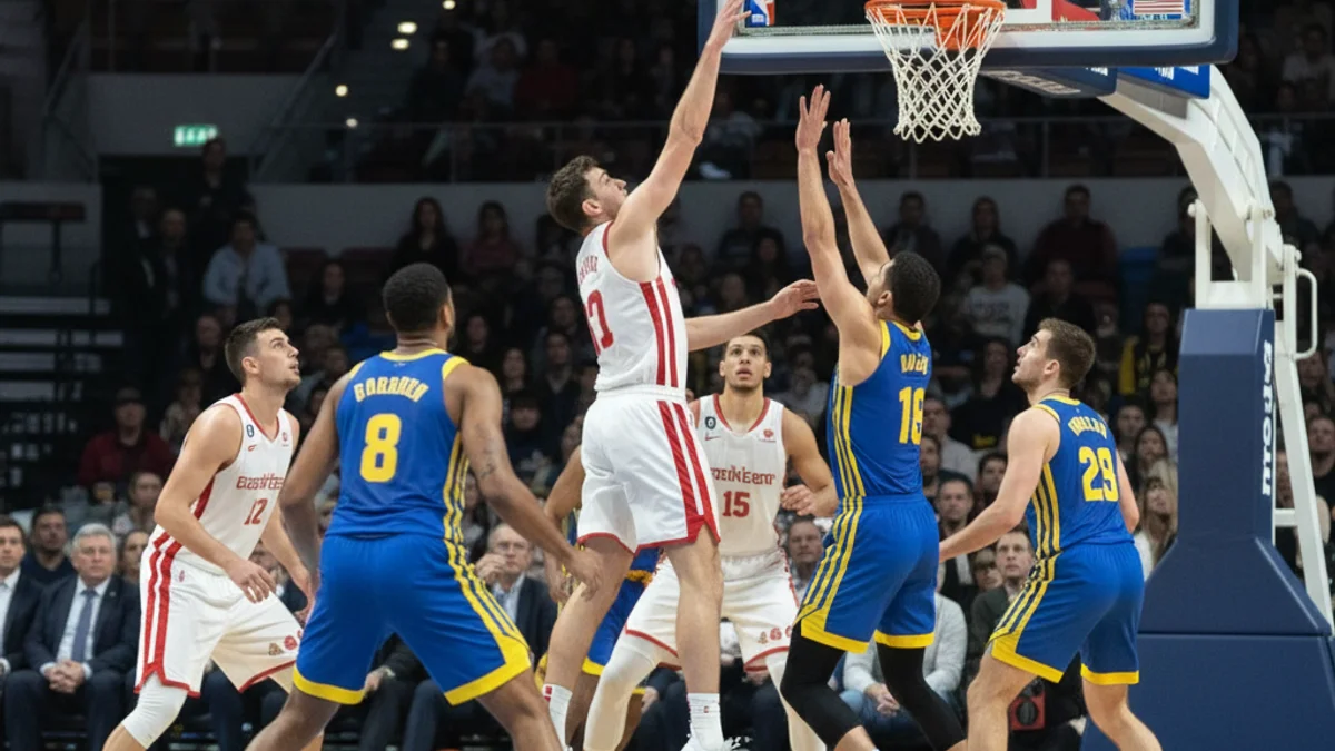 Imatge genèrica d'un partit de bàsquet professional amb jugadors en acció i la cistella al fons.