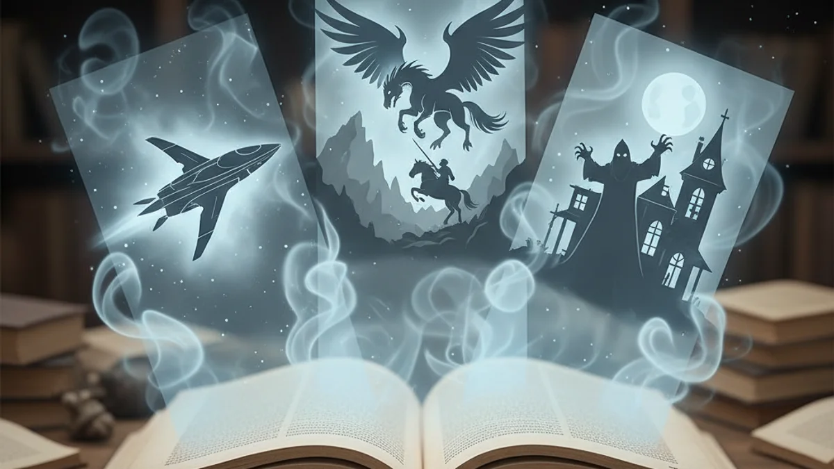 Il·lustració genèrica que combina elements de ciència-ficció, fantasia i terror, com una nau espacial i un llibre antic.