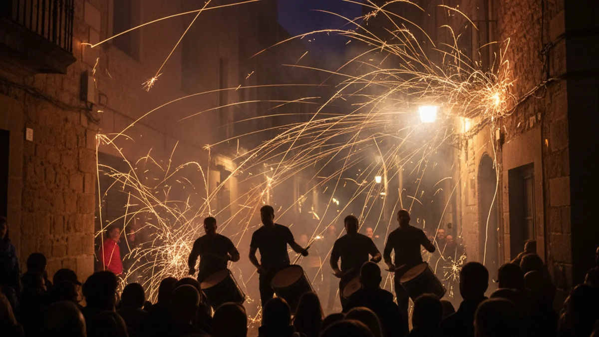 Imatge genèrica d'una festa tradicional catalana amb gegants i elements de foc, sense cares reconeixibles.