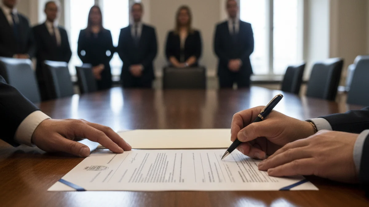 Representació genèrica d'un document oficial sent signat en una taula institucional, simbolitzant un acord lingüístic.