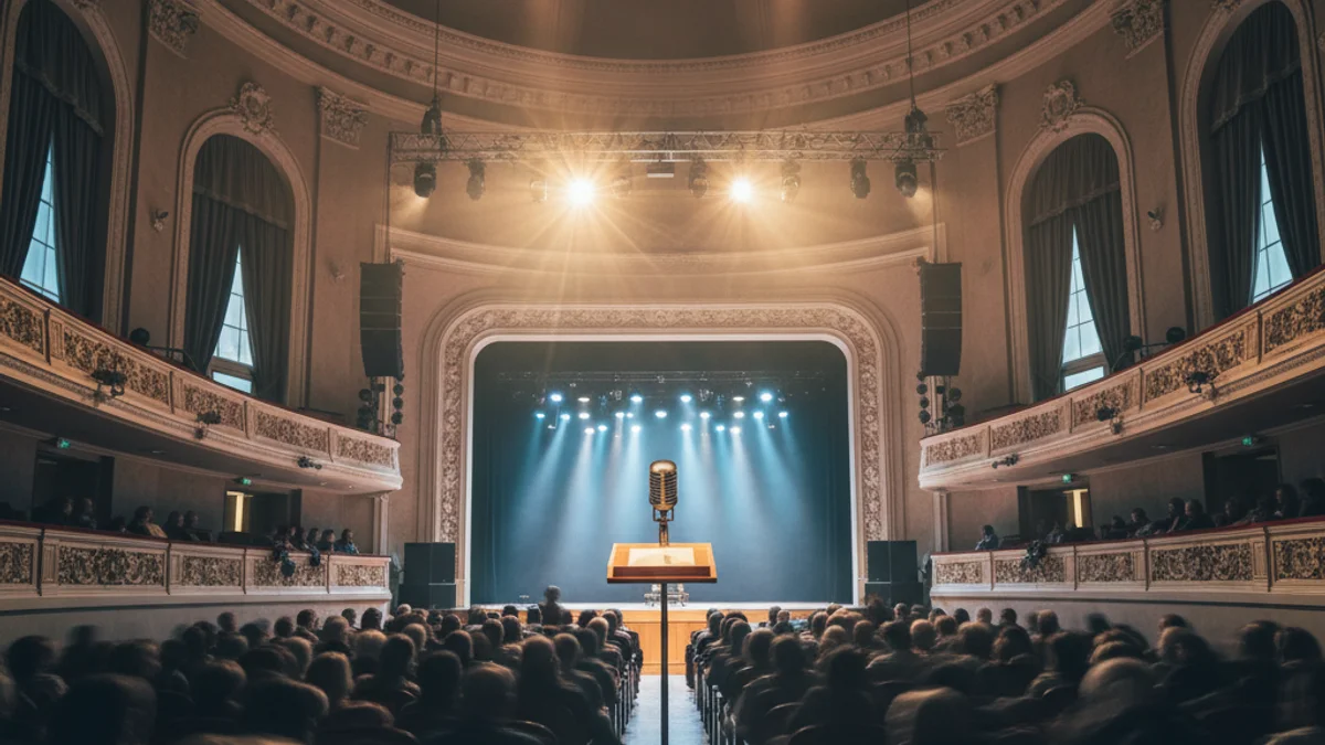 Imatge genèrica d'un escenari teatral o una sala d'exposicions amb focus de llum i figures borroses d'assistents.