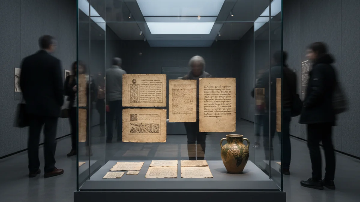 Vista interior d'una sala d'exposicions moderna amb objectes relacionats amb la cultura del vi.