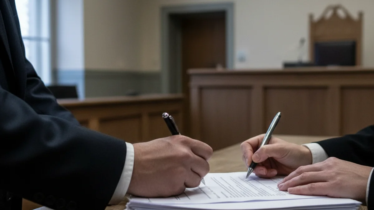 Imatge genèrica que representa la signatura d'un acord legal o una sentència judicial en un jutjat.