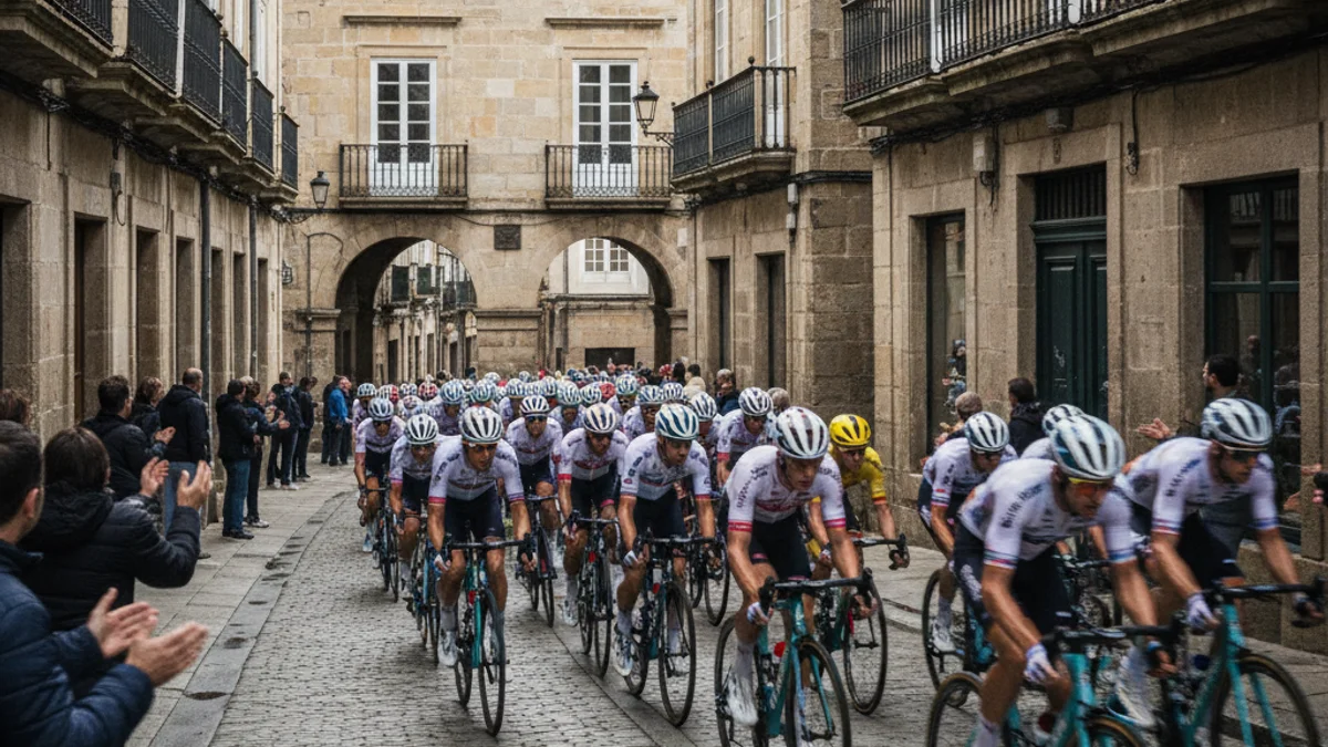 Imatge genèrica d'un grup de ciclistes professionals en una cursa per una ciutat mediterrània.