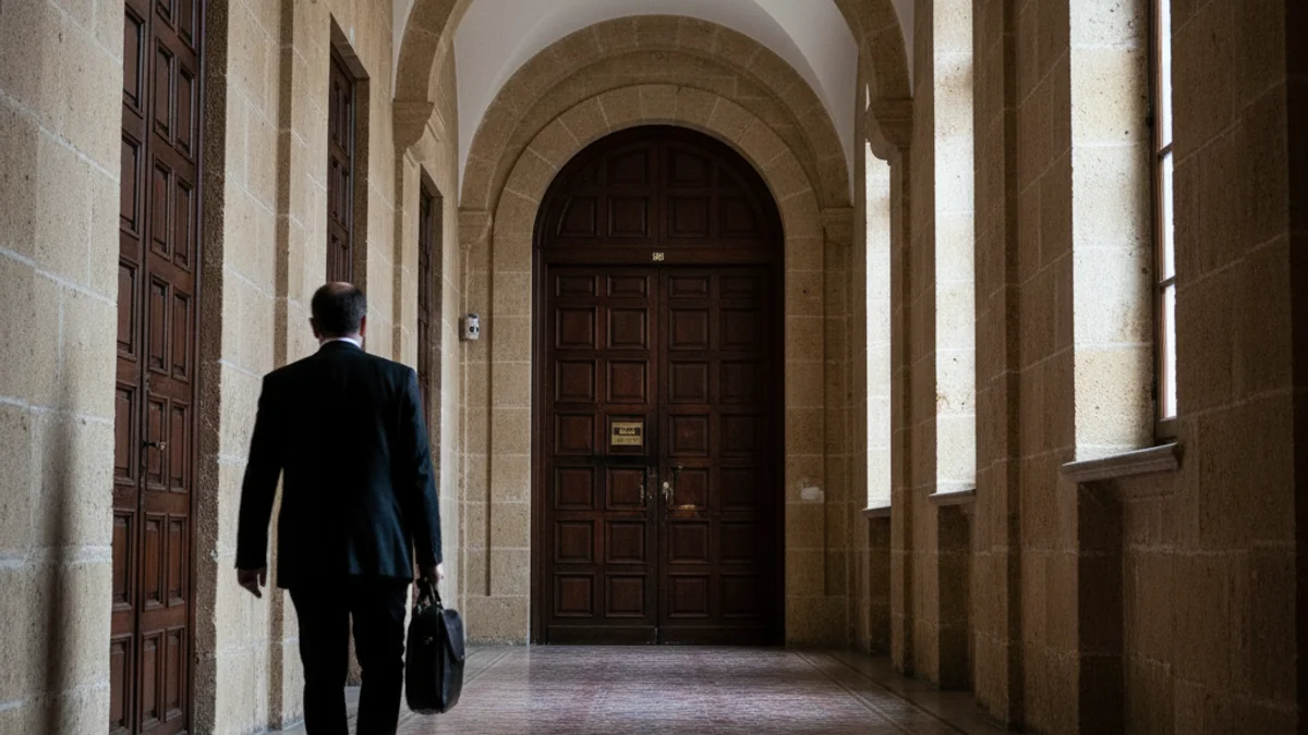 Imatge genèrica d'un edifici judicial o una porta tancada d'una sala de vistes, simbolitzant la conclusió d'un judici.