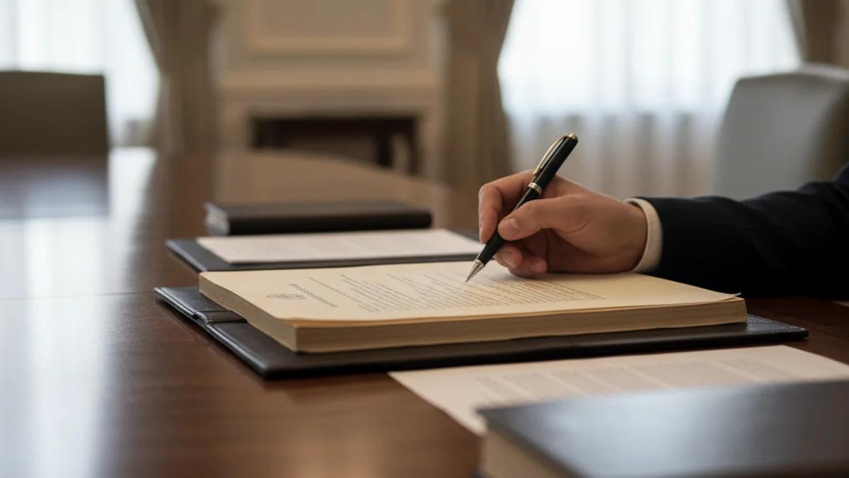 Una mà signant un document sobre una taula, simbolitzant un acord comercial internacional.